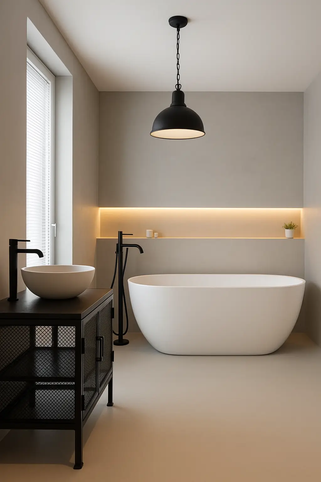 Minimalistisches Badezimmer mit Mikrozement-Wand und Lavasteen-Boden